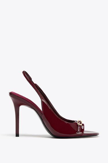 Zara PATENT FINISH HEELED SANDALS - Burgundy Red - Image 0