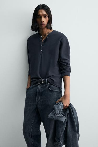 T-SHIRT COL TUNISIEN WAFFLE - Bleu moyen de Zara - Image 5