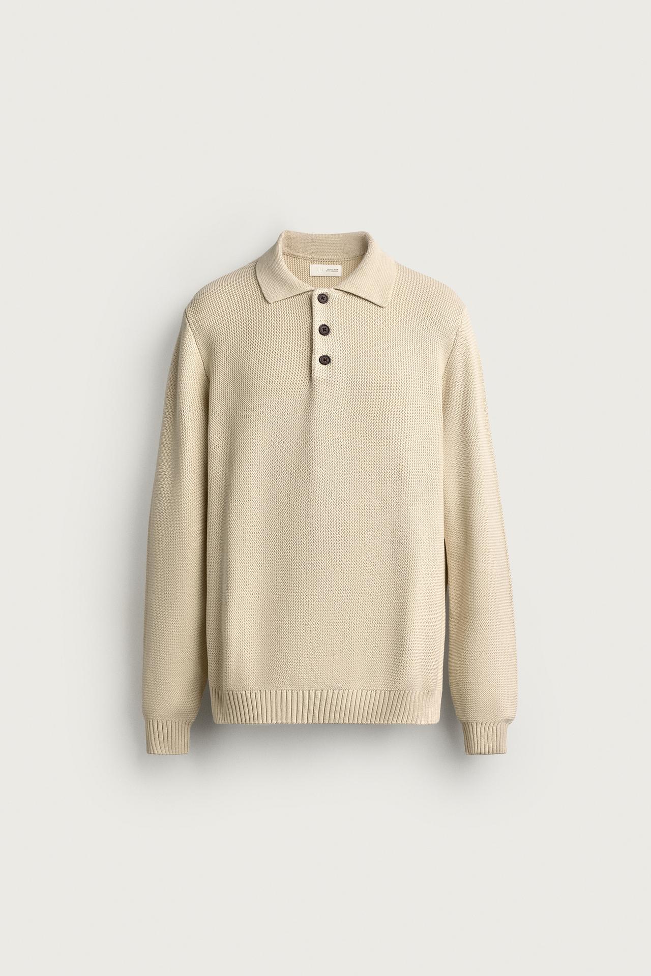COTTON TEXTURED KNIT POLO — Ecru