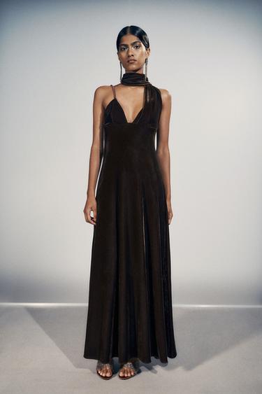 VELVET DRESS WITH SCARF DETAIL - Brown by Zara