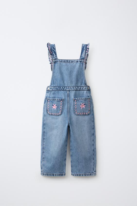 EMBROIDERED FLORAL DENIM DUNGAREES - Blue by Zara - Image 0
