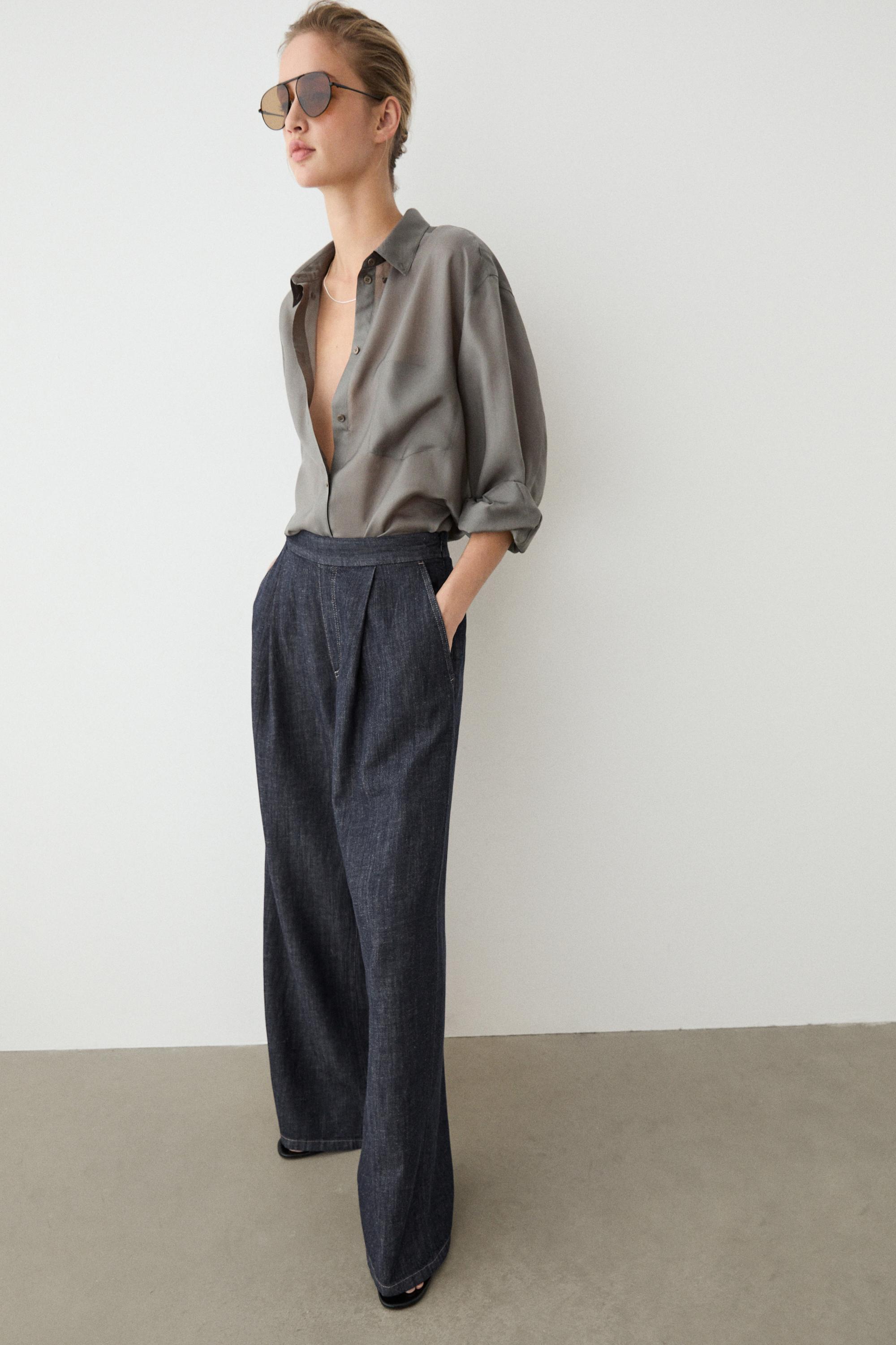 Cotton blend pleated semi-jogger pants — Blue