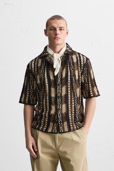 CAMISA CROCHET GEOMÉTRICO - Beige-marro de Zara