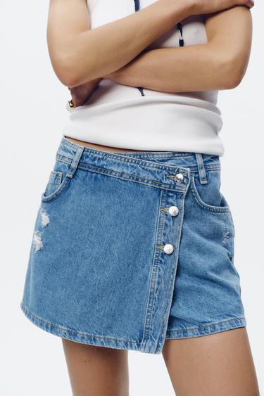 Zara Z1975 RIPPED DENIM SKORT - Mid-blue