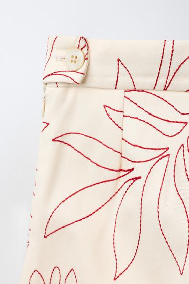 CONTRAST EMBROIDERED LEAF WIDE-LEG TROUSERS - Ecru / Red by Zara - Image 3