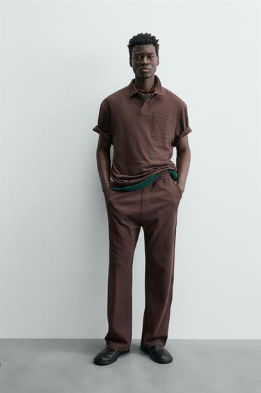 Zara STRIPED TEXTURED PANTS - Maroon