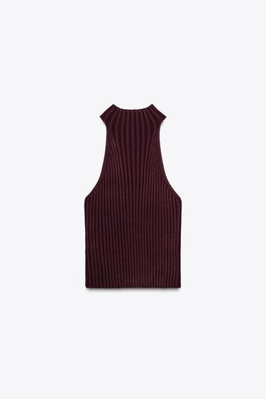 RIBBED KNIT HALTER TOP - Burgundy by Zara