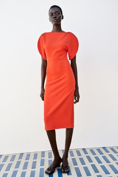 Zara VOLUMINOUS MIDI DRESS - Orange - Image 0