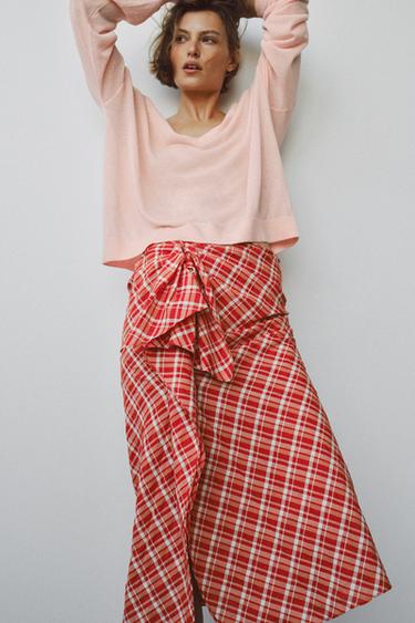 Zara ZW COLLECTION PLAID MIDI SKIRT - Red