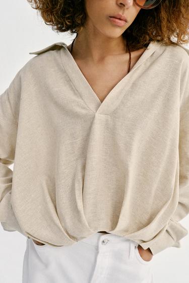 LINEN BLEND SHIRT WITH PUFF HEM - Light beige by Zara - Image 4