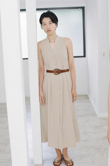 LINEN BLEND MIDI DRESS WITH BELT - Light beige by Zara