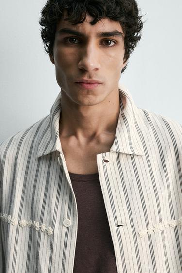 EMBROIDERED STRIPED FLUID OVERSHIRT - Ecru by Zara - Image 4