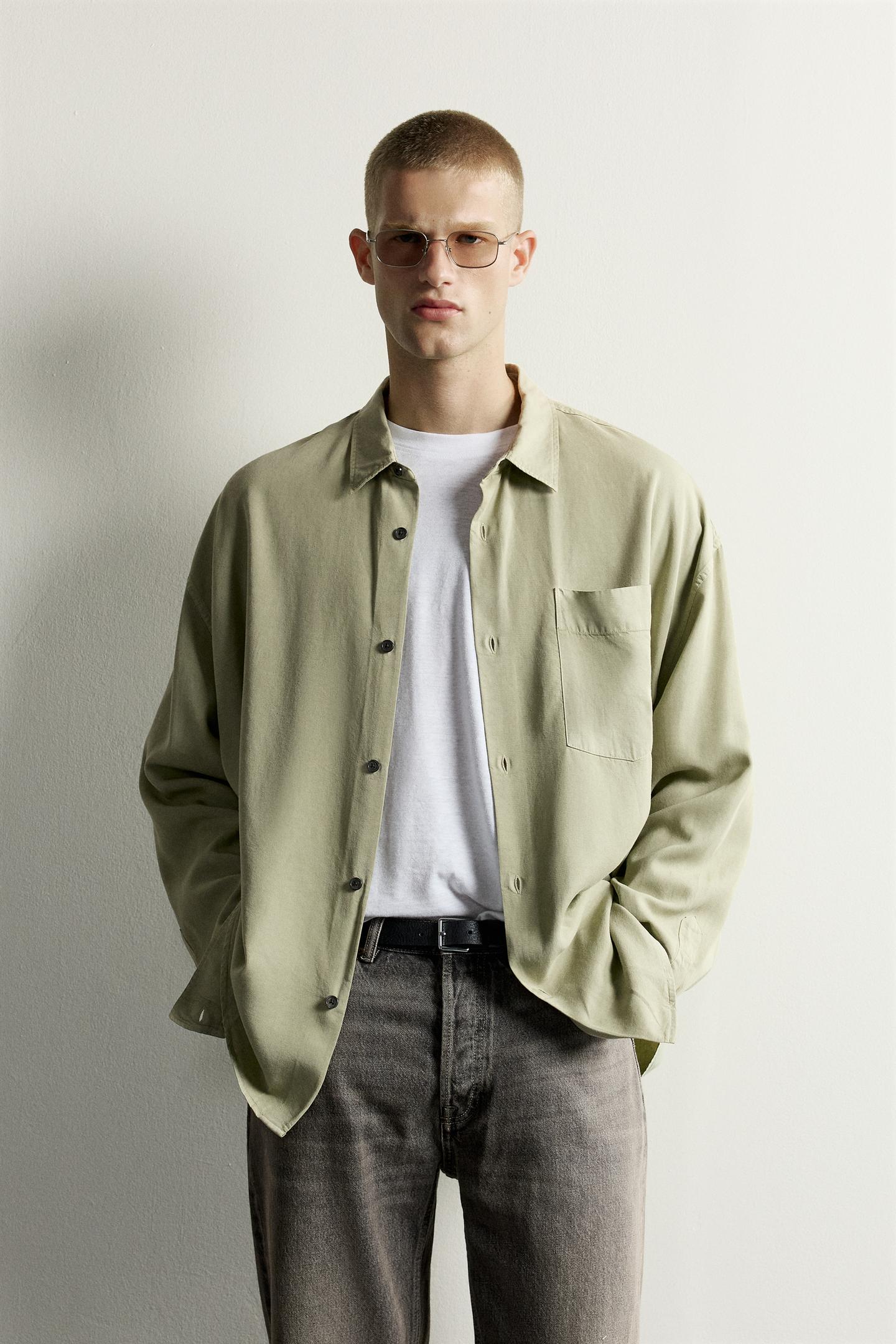 Мужская рубашка Zara Relaxed-Fit Fluid, цвет: Зелёный — фото 2
