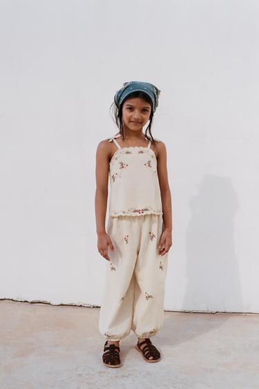 PANTALÓN BORDADOS PUNTO DE CRUZ CON ALGODÓN Y LINO - Arena de Zara