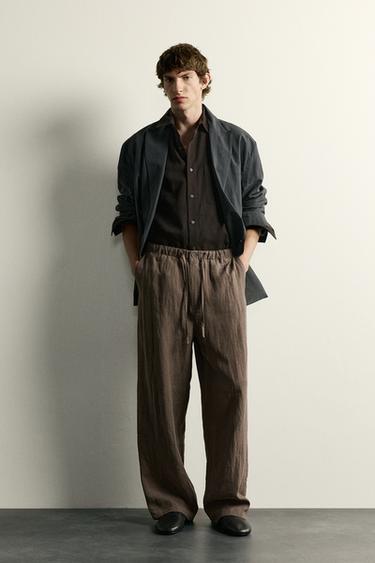 Zara 100% LINEN RELAXED FIT PANTS - Brown / Taupe