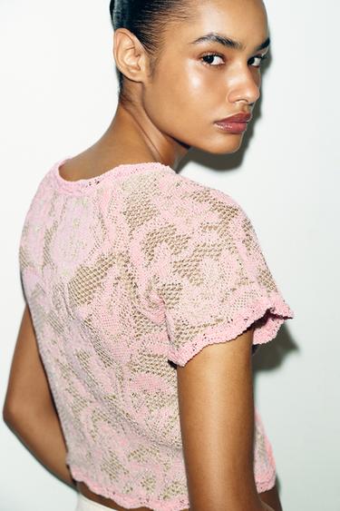 VESTE EN MAILLE JACQUARD MANCHES COURTES - unique de Zara - Image 3