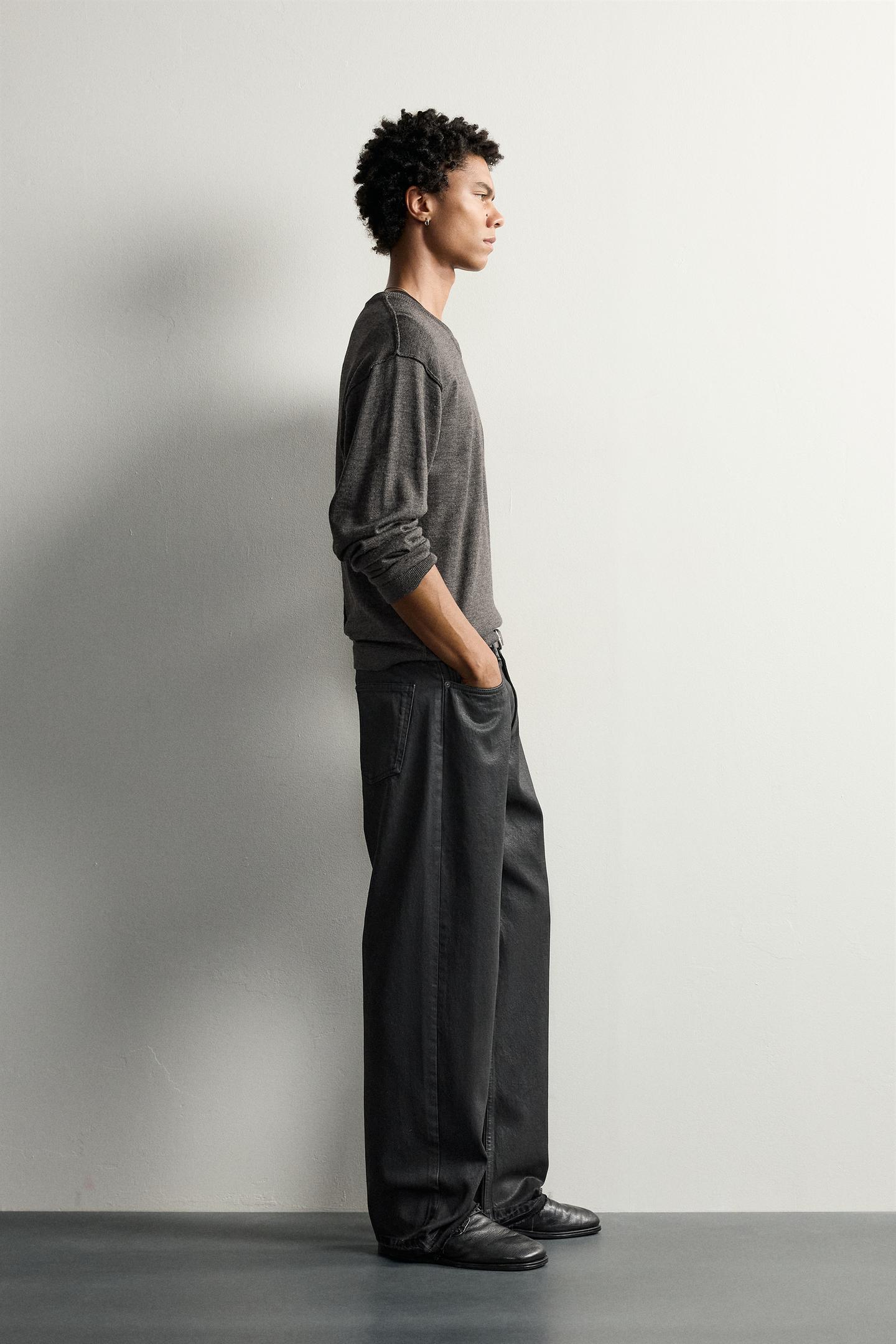 Мужские джинсы Zara Wax-Effect Loose Fit, цвет: Чёрный — фото 4