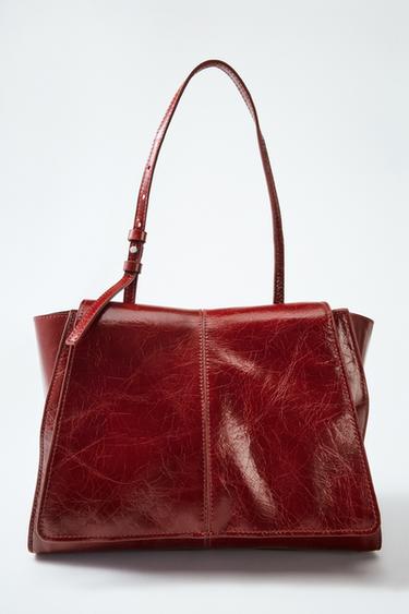 LEATHER DOUBLE POCKET MINI TOTE BAG - Cherry Red by Zara