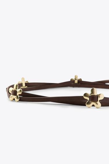 LEATHER CORD BELT WITH FLOWERS - Brown by Zara - Image 2