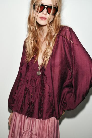 RUFFLED BLOUSE - Burgundy by Zara