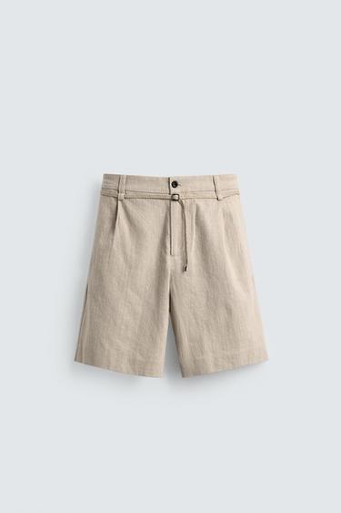 BERMUDA ALGODÃO - LINHO COM CINTO - Bege-claro da Zara