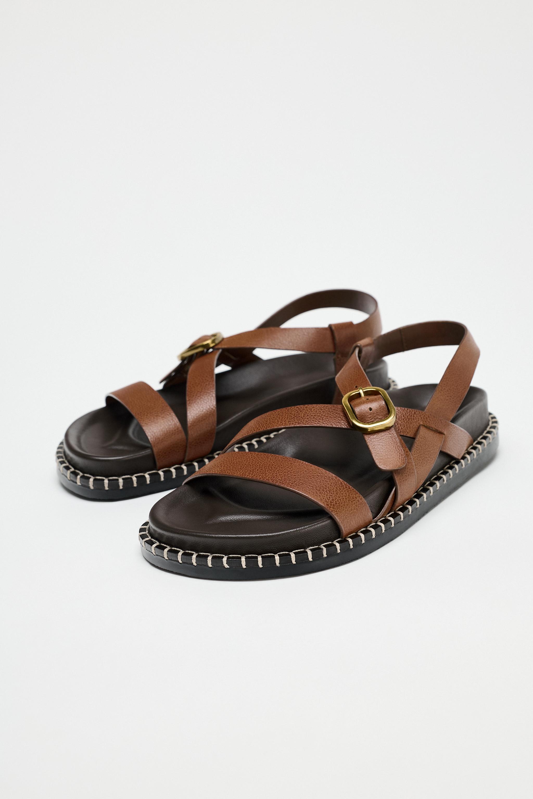 【ZARA】クロスレザーストラップサンダル ブラウン 2709/520/700 クロスストラップ付きフラットレザーサンダル - ブラウン | ZARA