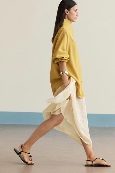 Zara Flowing linen blend shirt with statement collar - Mustard