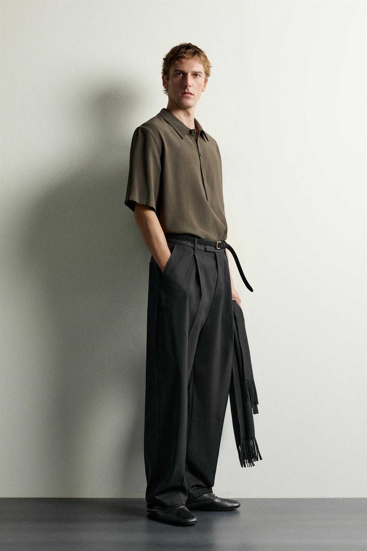 Мужское поло Zara Relaxed Fit Polo Shirt, цвет: Тёмный хаки — фото 4