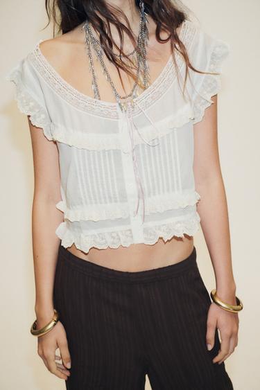 EMBROIDERED GAUZE CROP TOP WITH BOW - Ecru by Zara - Image 2