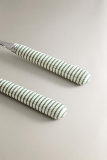 SALAD CUTLERY SET WITH STRIPED HANDLE (SET OF 2) - Green / Ecru by Zara - Image 2