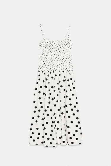 Zara POLKA DOT STRAPPY MIDI DRESS - Ecru / Black