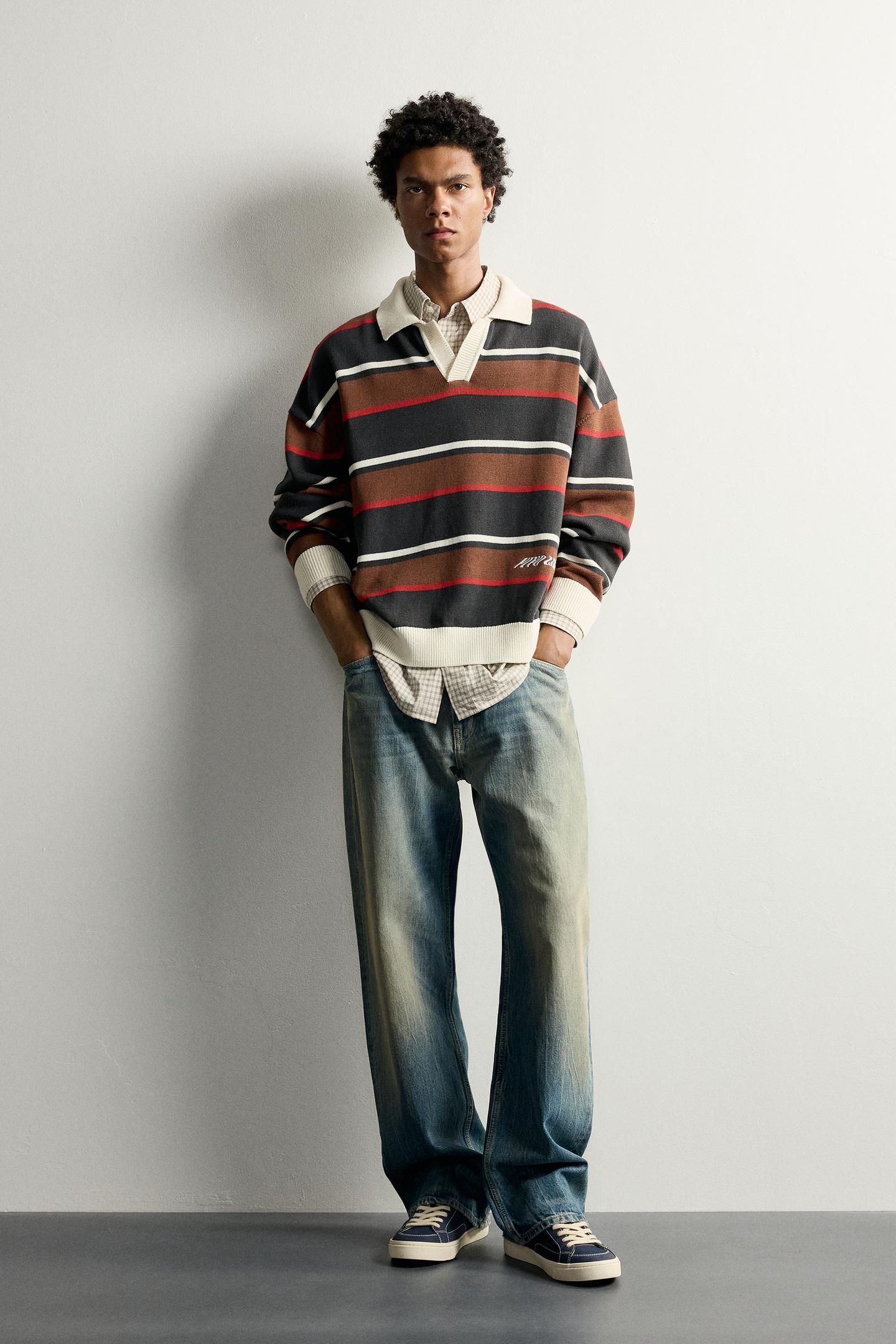 Мужское поло Zara Floral Intarsia Striped Polo, цвет: Антрацитовый серый — фото 1