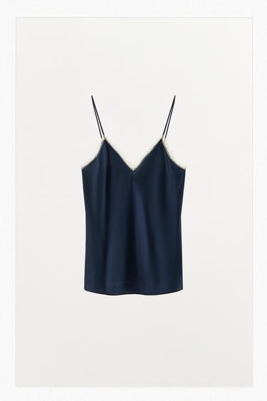 TOP LENCERO SEDA 100% PUNTILLA - Marino / Blanco de Zara