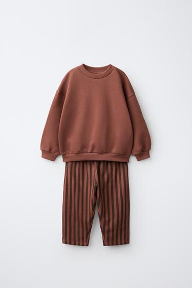 STRIPED WIDE LEG SWEATSHIRT AND PANTS SET — Brick 1