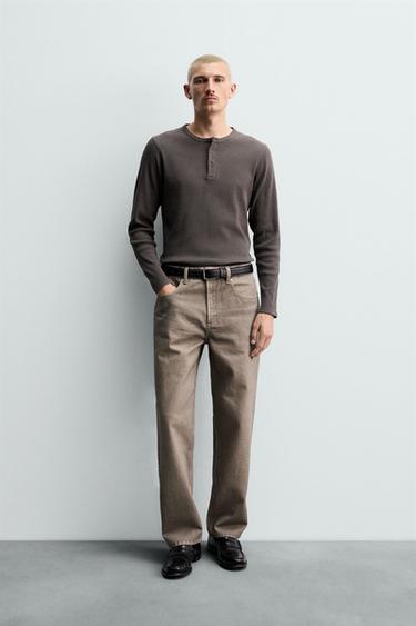 Zara COTTON-HEMP BUTTON-NECK T-SHIRT - Earth - Image 0