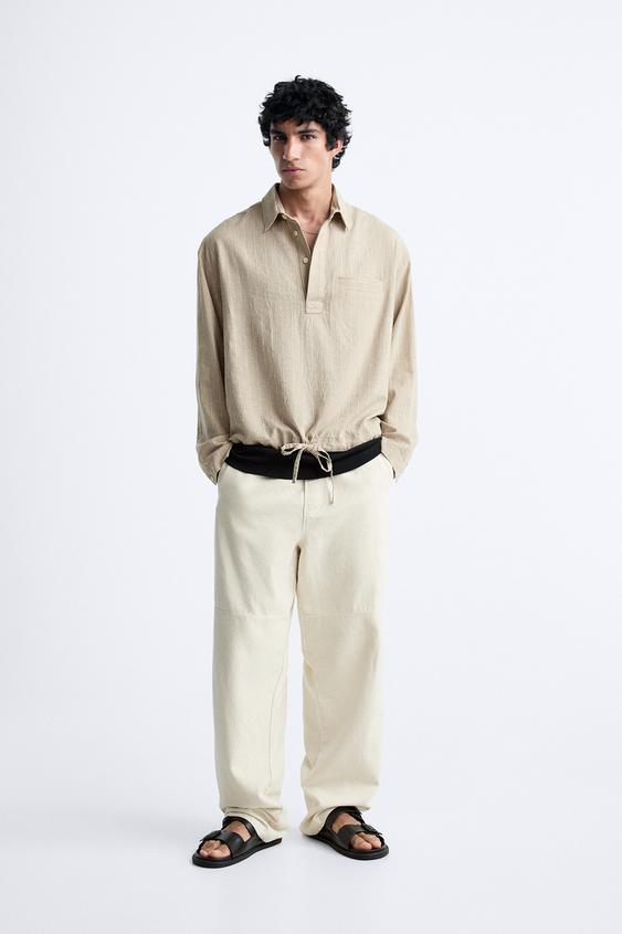 STRIPED LYOCELL-LINEN SHIRT - Beige