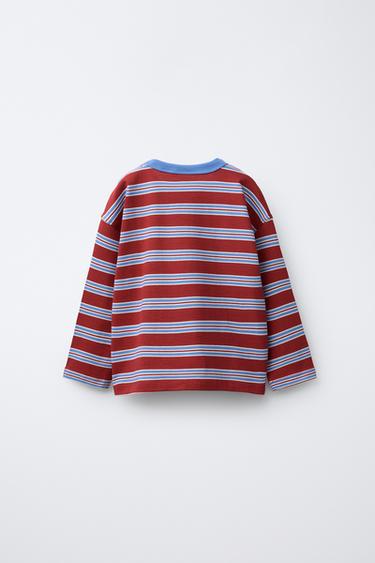 STRIPED EMBROIDERED T-SHIRT - Red / White by Zara - Image 1