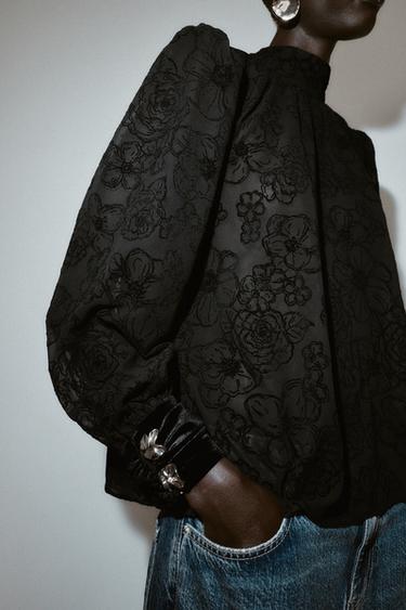 SEMI-SHEER VELVET BLOUSE WITH BOW - Black by Zara