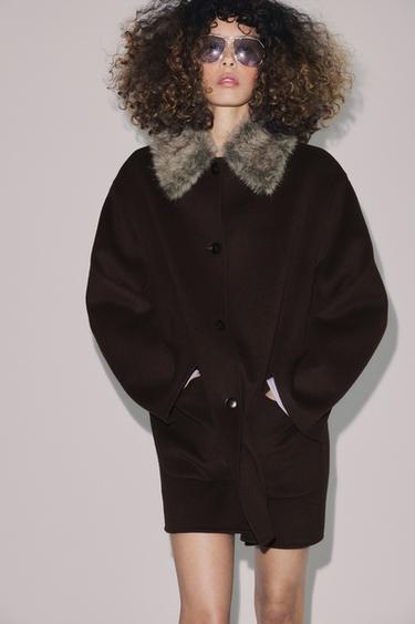 WOOL COAT WITH FAUX FUR COLLAR ZW COLLECTION - Brown by Zara