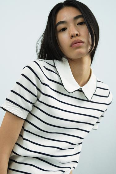 ショートスリーブセーター コントラストトリムストライプZaraのショートスリーブセーター コントラストトリム - ストライプ