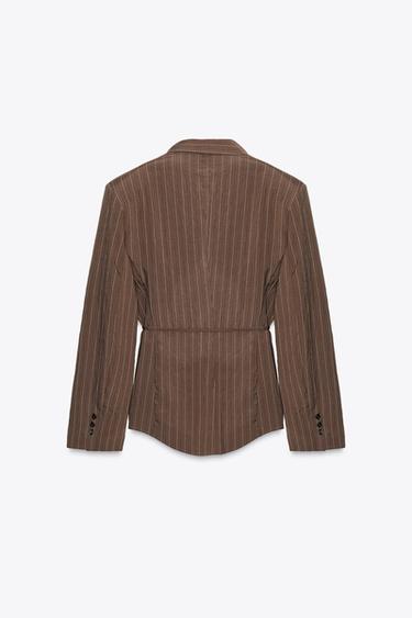 BLAZER À RAYURES AVEC ÉPAULETTES ET CEINTURE FINE - Marron / Écru de Zara - Image 6