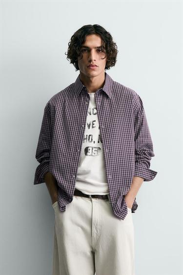 Chemise Zara Homme à Carreaux Blanc Et Violet - Taille L, Col Boutonné - Occasion En Parfait état