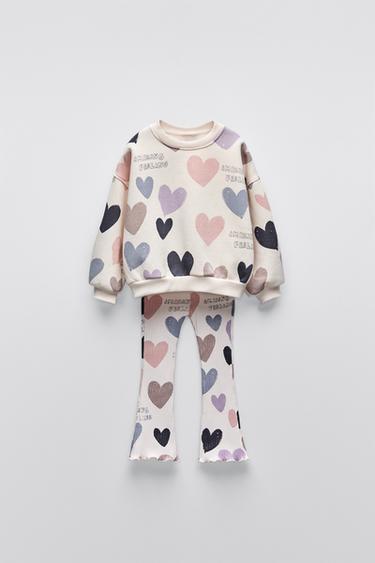 Zara HEART SWEATSHIRT AND FLARED LEGGINGS MATCHING SET - Light beige