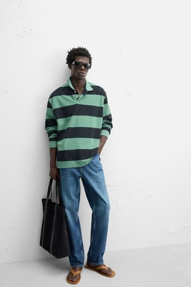 POLO DÉLAVÉ À RAYURES - Vert / Bleu de Zara - Image 4