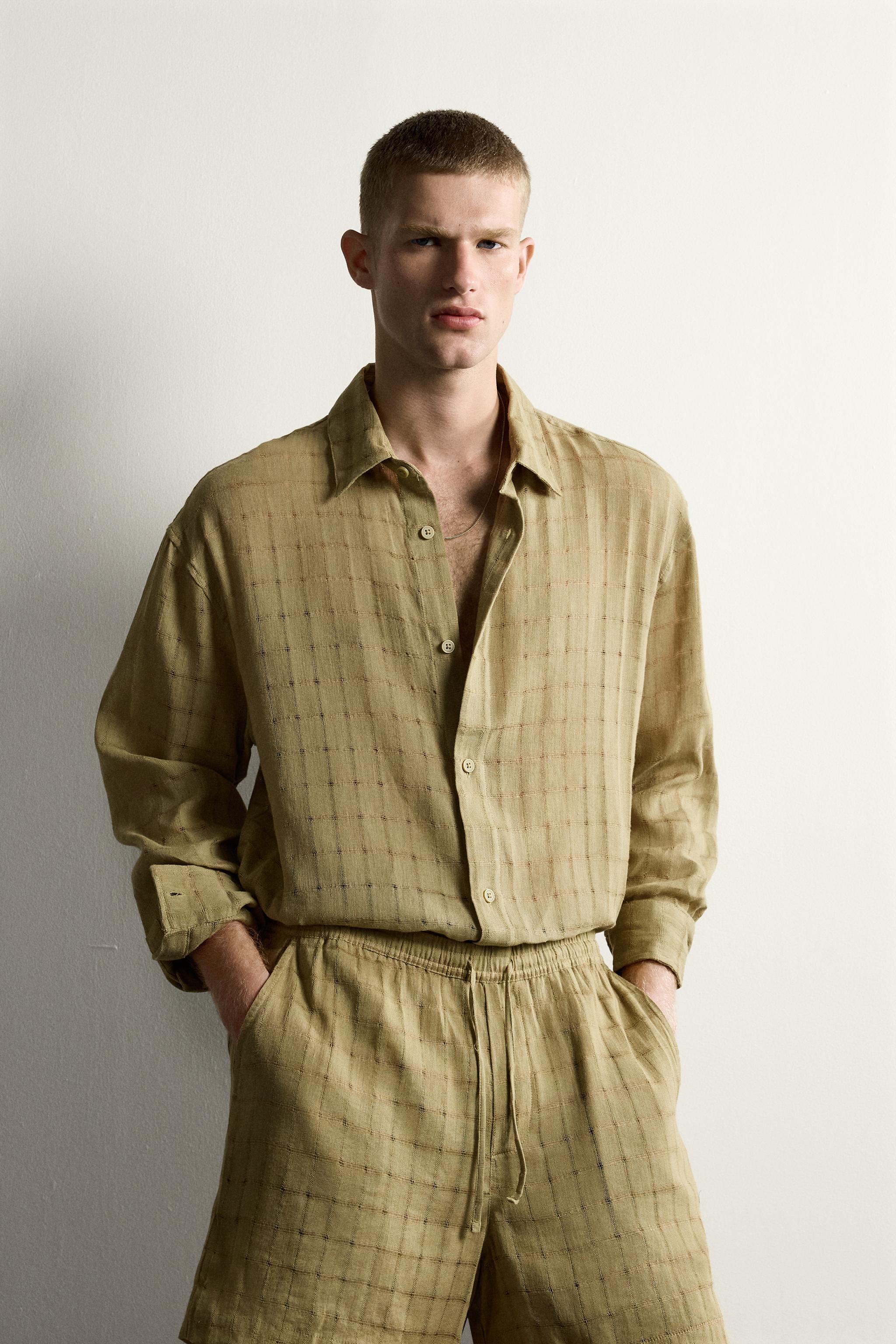 RELAXED FIT CHECKED LINEN COTTON JACQUARD SHIRT — Light khaki (alternate view)
