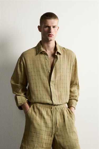 CHEMISE JACQUARD À CARREAUX COUPE DÉCONTRACTÉE LIN/COTON - Kaki clair de Zara