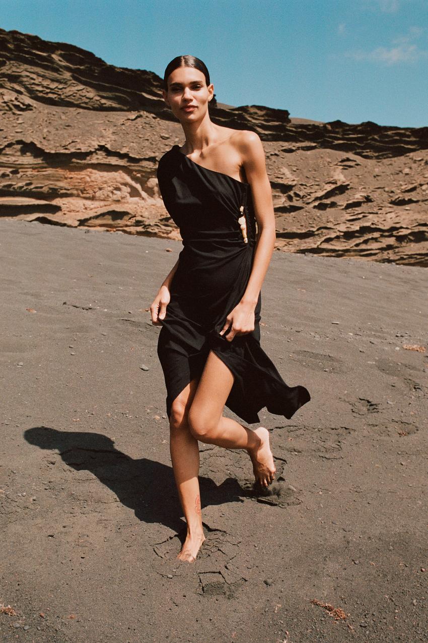 ビーズ装飾アシンメトリーミディ丈ワンピース - ブラック | ZARA Japan 