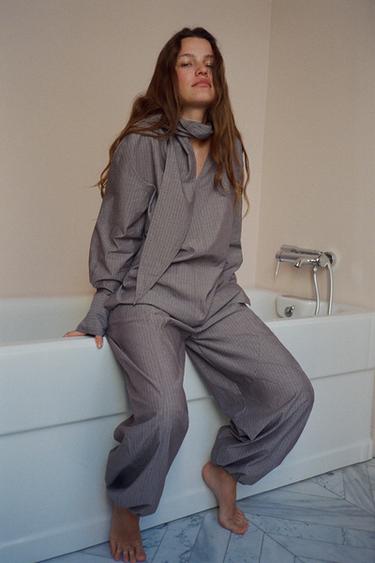 PANTALON RAYURES BOUFFANT AVEC CEINTURE - Gris de Zara - Image 1