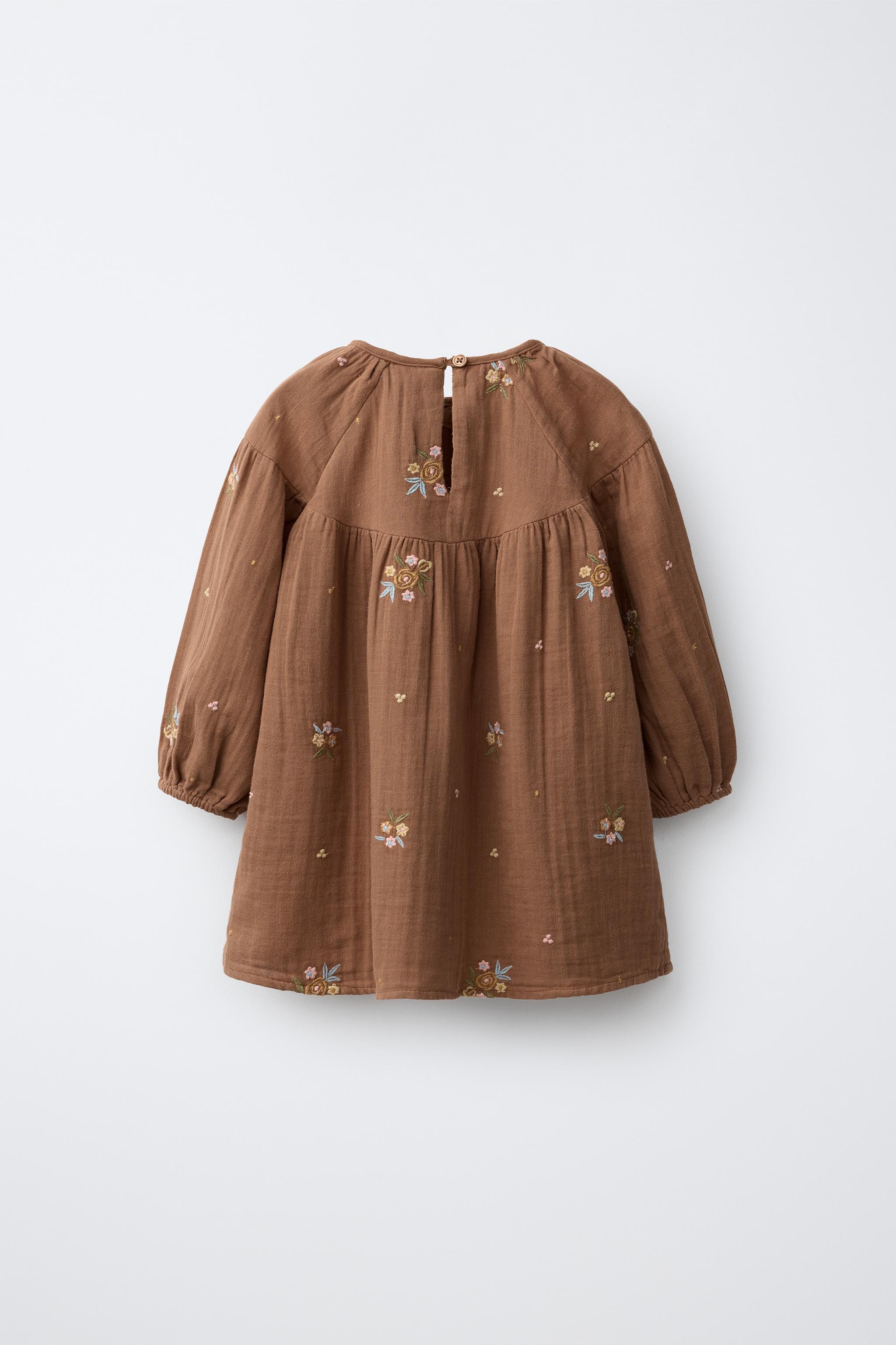 EMBROIDERED FLORAL DRESS — Caramel
