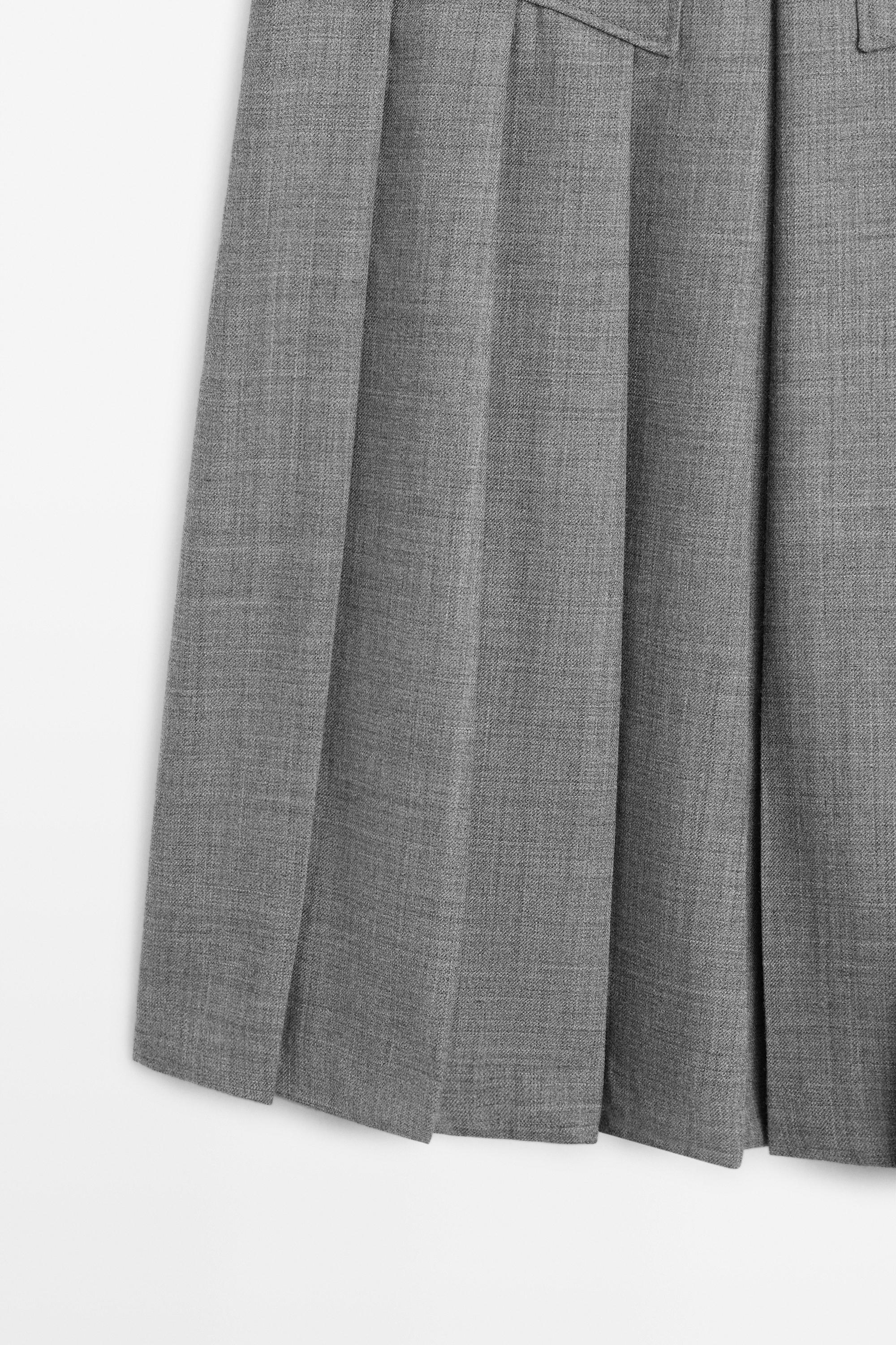 100% Wool Pleated Midi Skirt with Pocket Detail